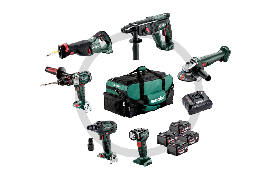 COMBO SET CONSTRUCCION 6.1 METABO (BOLSA PARA HERRAMIENTAS; SB 18 LTX IMPULS + KH 18 LTX 24 + W 18 L 9-125 QUICK + SSEP 18 LT + SSW 18 LTX 300 BL + ULA 14.4-18 LED)