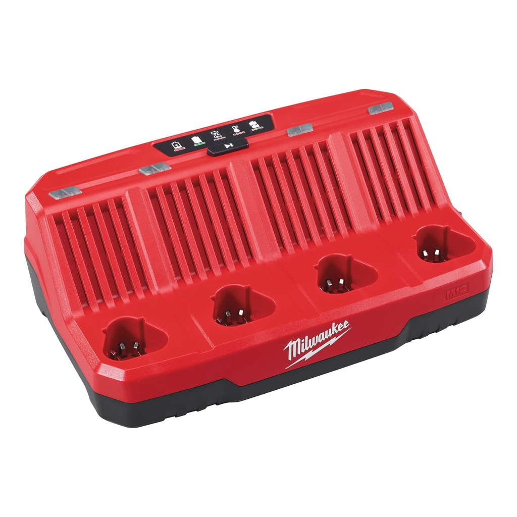 CARGADOR MULTIPUERTO M12™, CARGA HASTA 4 BATERÍAS SECUENCIALMENTE, BOTÓN PARA SELECCIONAR LA BATERÍA EN CARGA M12C4