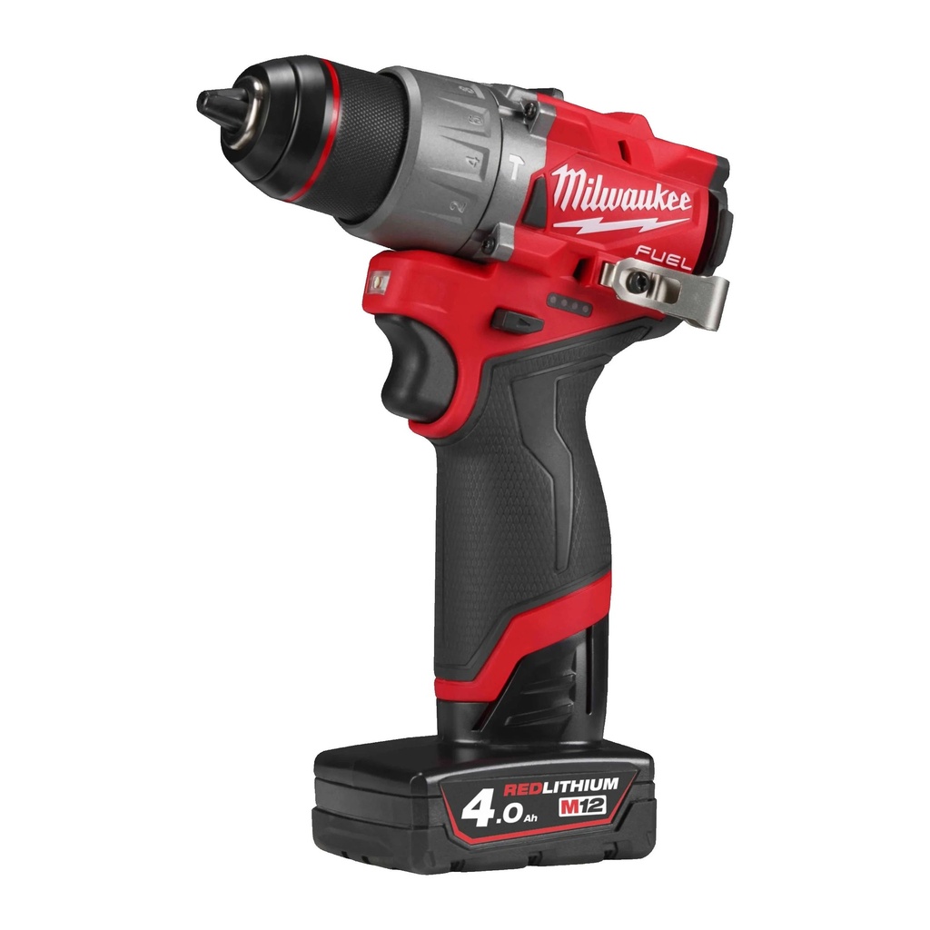 TALADRO PERCUTOR SUBCOMPACTO M12 FUEL™, 2 VELOCIDADES, PAR MÁXIMO 45NM, PORTABROCAS METÁLICO 13MM, EMBRAGUE MECÁNICO. SE SUMINISTRA CON 2 BATERÍAS M12B4 Y CARGADOR C12C, EN HD-BOX M12FPD2-402X