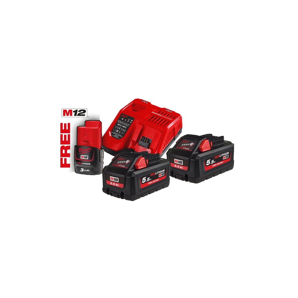 KIT 2 BATERÍAS M18HB5.5 + CARGADOR RÁPIDO M12-18FC. INCLUYE BATERÍA M12B3 DE REGALO M18HNRG-552