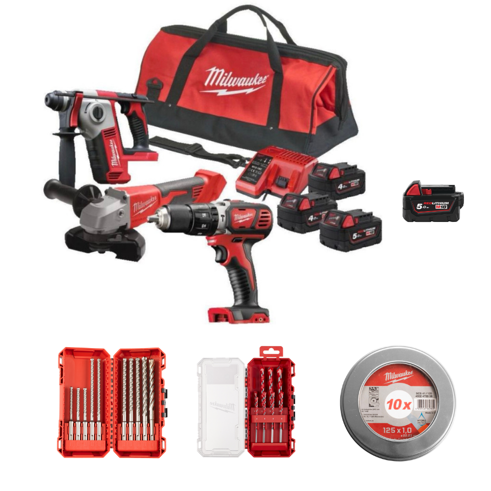 POWERPACK KIT DE FONTANERIA MILWAUKEE M18 BPP3D-543B (M18BPD + M18BH + M18BLSAG115XPD + 1x M18B5 + 2x M18B4 + M12-18C + BOLSA DE TRANSPORTE)