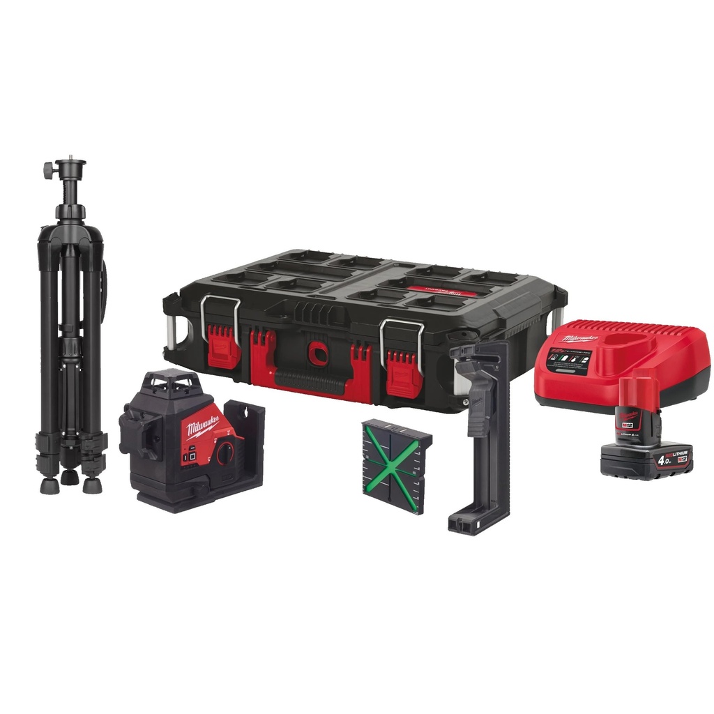 KIT DE NIVEL LÁSER DE 3 LÍNEAS M12™, VERDE, AJUSTE FINO, 330° DE ROTACIÓN, PROTECCIÓN IP54. INCLUYE PINZA PARA TECHOS, DETECTOR DE LÁSER LLD50, SOPORTE 360°, TRÍPODE DE 120CM Y TARJETA DE ALTA VISIBILIDAD. SE SUMINISTRA CON 1 BATERÍA M12B4 Y CARGADOR C12C, EN MALETA PACKOUT™ M123PLKIT-401P