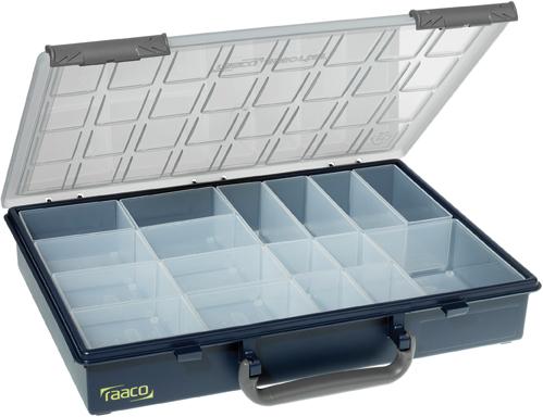 CAJA PARA PIEZAS PEQUEÑAS CON COMPARTIMENTOS EXTRAÍBLES Y PERFILES DE SEGURIDAD EN LA TAPA RAACO