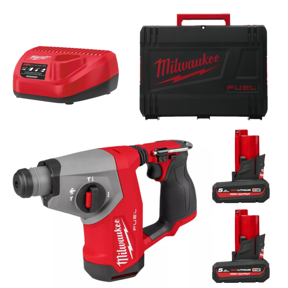 MARTILLO ROTATIVO SUBCOMPACTO SDS-PLUS M12 FUEL™, 4 MODOS, 1,15J DE ENERGÍA DE IMPACTO, CAPACIDAD MÁXIMA 16MM, 0-4400BPM. SE SUMINISTRA CON 2 BATERÍAS M12HB5 Y CARGADOR C12C, EN HD-BOX M12FHAC16-502X