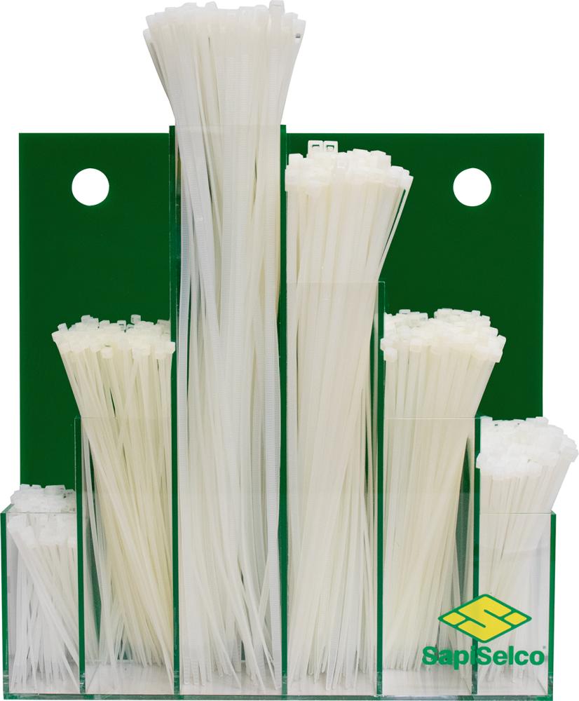 SURTIDO DE BRIDAS PARA CABLES 600 PIEZAS EN EXPOSITOR MURAL NATURAL SAPISELCO