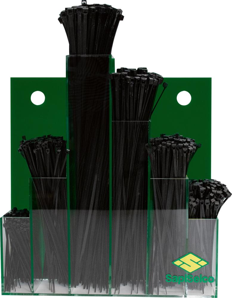 SURTIDO DE BRIDAS PARA CABLES 600 PIEZAS EN EXPOSITOR MURAL NEGRO SAPISELCO