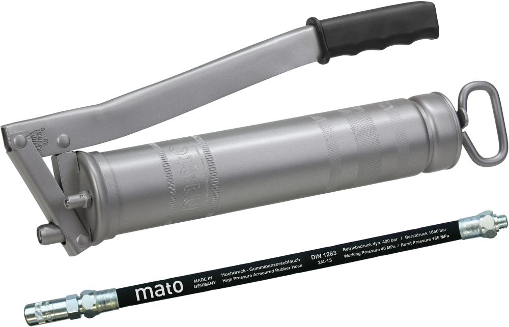 PISTOLA DE ENGRASE DE ACERO E500 CON MANGUERA M10X1 400G CARTUCHO/500G A GRANEL MATO