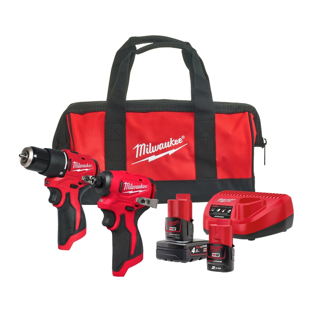 KIT POWERPACK M12™ BRUSHLESS TALADRO PERCUTOR M12BLPDRC + ATORNILLADOR DE IMPACTO M12BLIDRC, 1X BATERIA M12B4, 1X BATERIA M12B2, 1X CARGADOR C12C + BOLSA M12BLPP2B-422B
