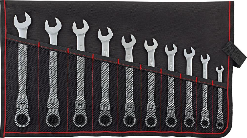 JUEGO DE LLAVES COMBINADAS CON CARRACA ARTICULADA 8-19MM 10 PIEZAS EN ESTUCHE ENROLLABLE FORMAT