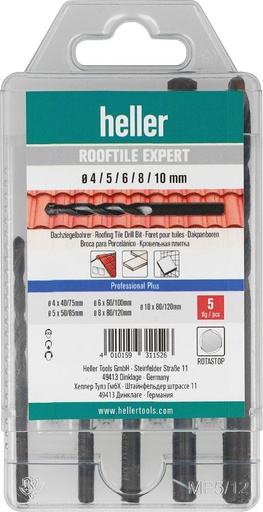 [7612640005] JUEGO BROCAS P. TEJAS ROOFTILE EXPERT 5 PZAS., 4/5/6/8/10MM HELLER