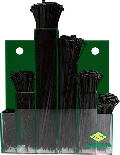 [7656730610] SURTIDO DE BRIDAS PARA CABLES 600 PIEZAS EN EXPOSITOR MURAL NEGRO SAPISELCO