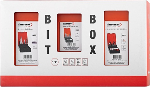 [7611450001] JUEGO PARA MECANIZADO DE METALES "BIT BOX"1/4" STB+ AVELLANADOR+BROCA COMBI 15 PZAS, HSS FORMAT