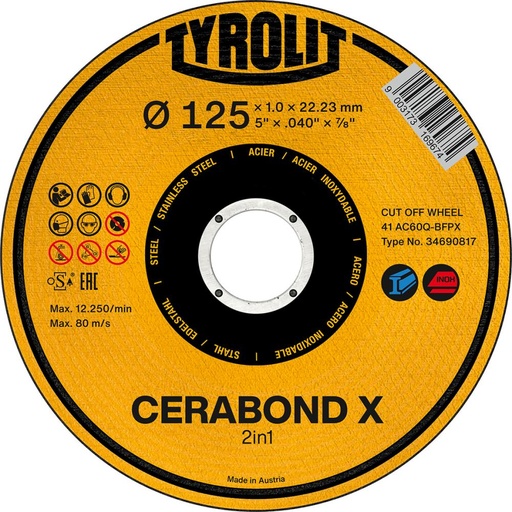 DISCO DE CORTE CERABOND RECTO ACERO+INOX TYROLIT
